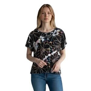 Coldwater Creek Black Floral Tunic Womens XL Mixed Media Artsy Art to Wear Teach